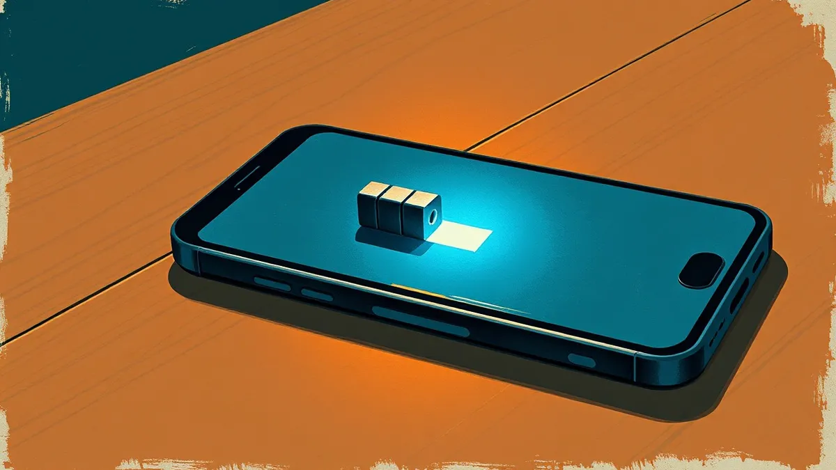 Illustration: A sleek smartphone rests on a wooden table with its screen displaying a single, glowing blue door handle.