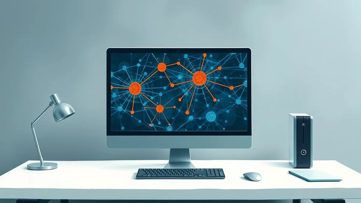 Illustration: A sleek desktop computer sits on a clean white desk, its monitor displaying a complex web of interconnected blue nodes and pulsing lines that visualize real-time syst