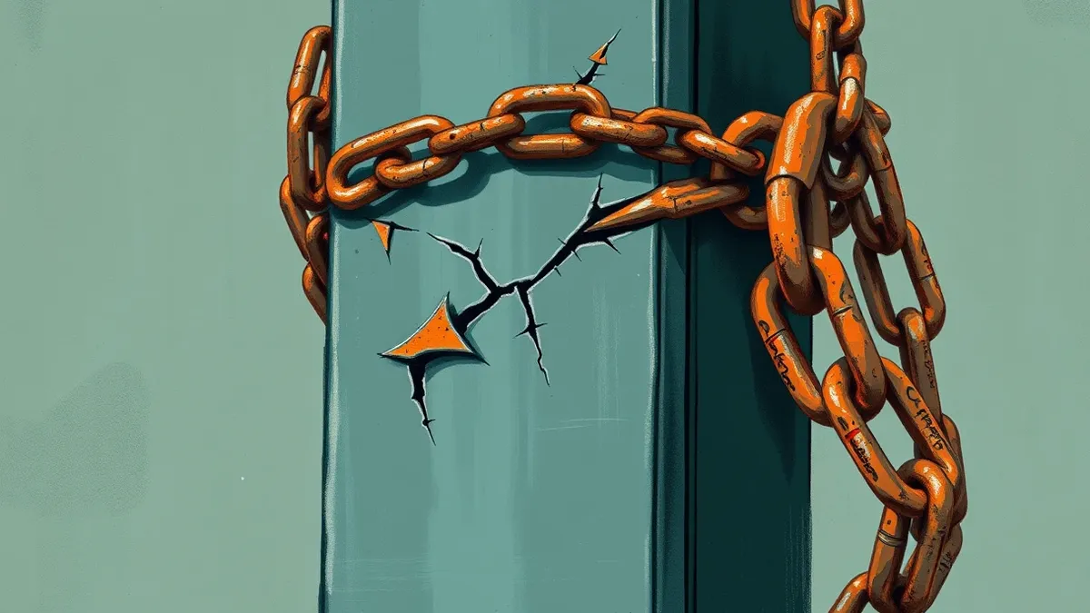 Illustration: A heavy, rusted chain wraps tightly around a sleek server tower, crushing its smooth metal casing.