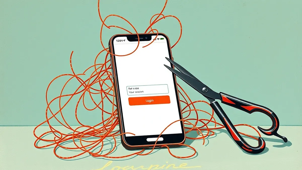 Illustration: A smartphone displays a blank login screen while a tangled web of invisible threads wraps around it.