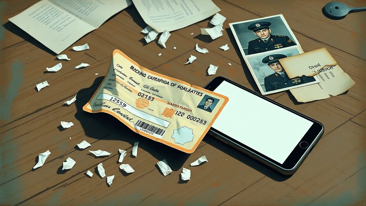 Illustration: A crumpled military identification card lies on a wooden table next to a sleek smartphone displaying a blank banking interface.