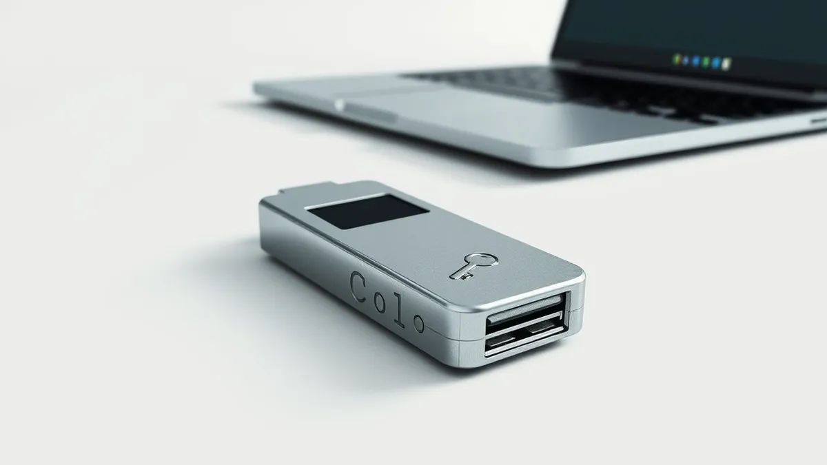 Illustration: A sleek silver USB security token rests on a clean white desk beside a closed laptop.