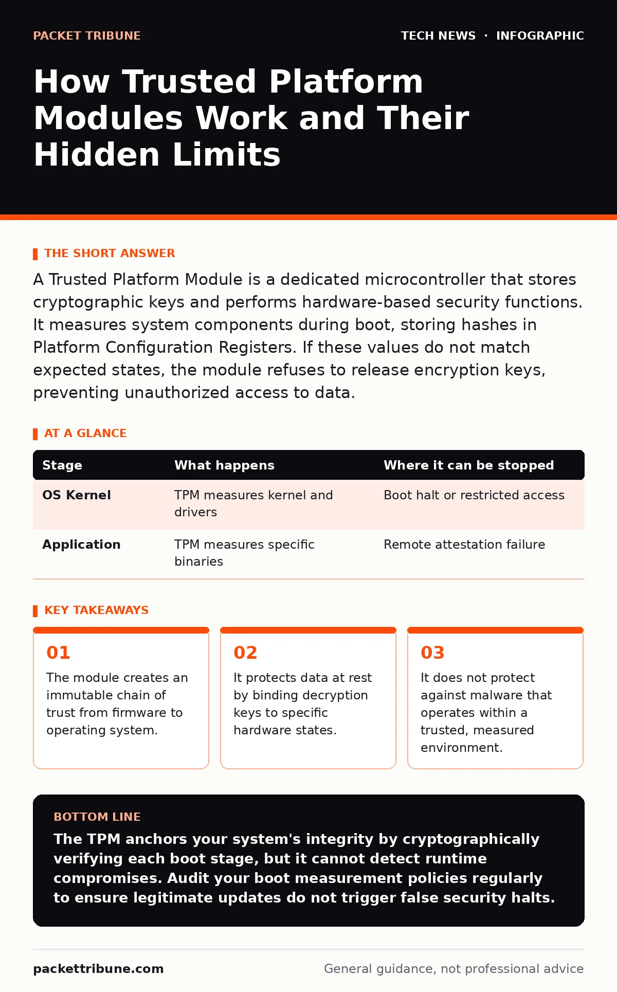Infographic: How Trusted Platform Modules Work and Their Hidden Limits. The module creates an immutable chain of trust from firmware to operating system. It protects data at rest by binding decryption keys to specific hardware states. It does not protect against malware that operates within a truste