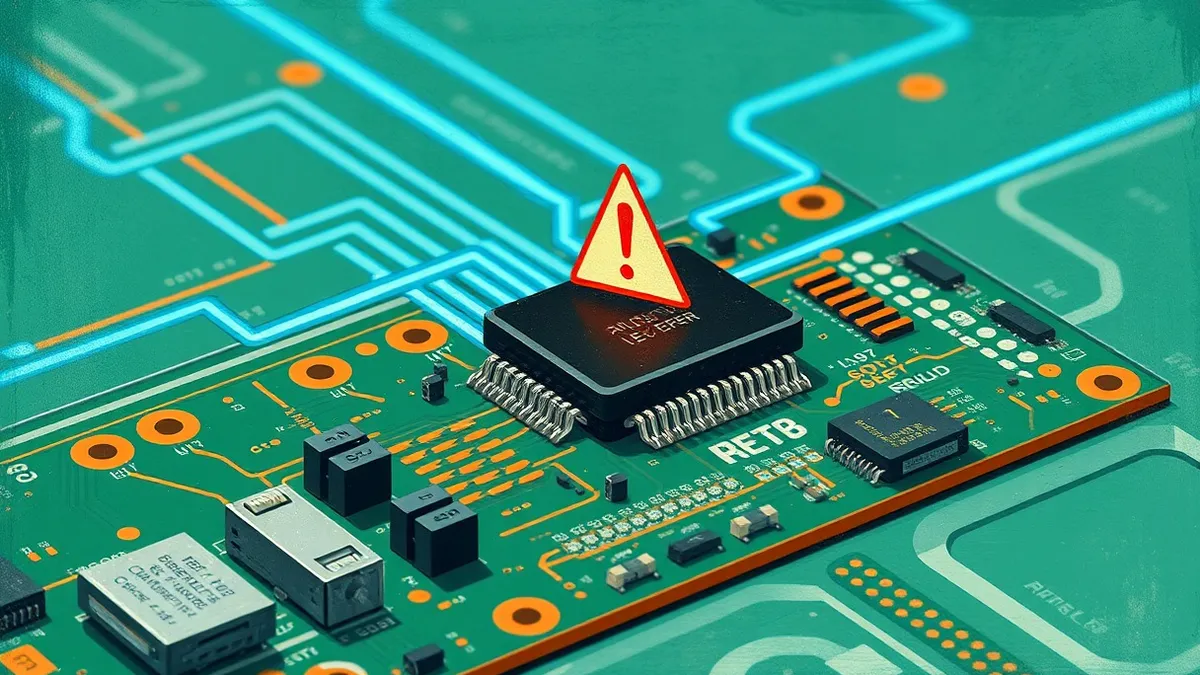 Illustration: A small black chip sits on a green motherboard circuit board.