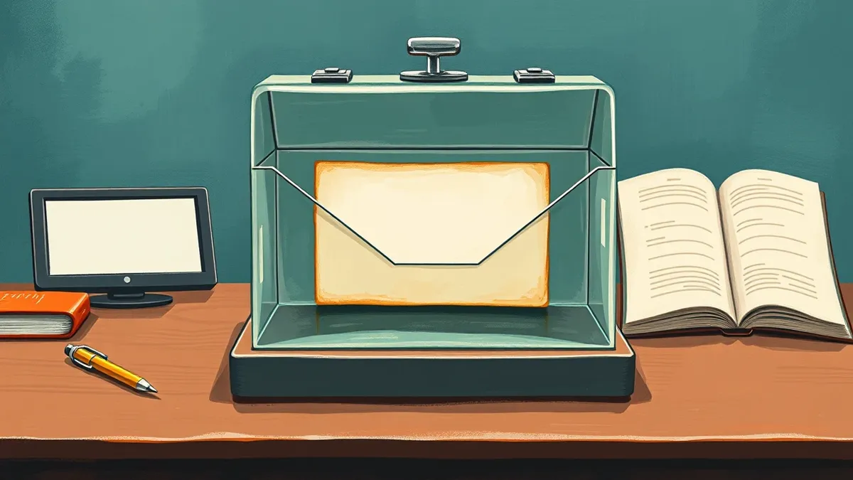 Illustration: A transparent glass envelope sits on a wooden desk with its flap sealed by a shiny silver clasp.