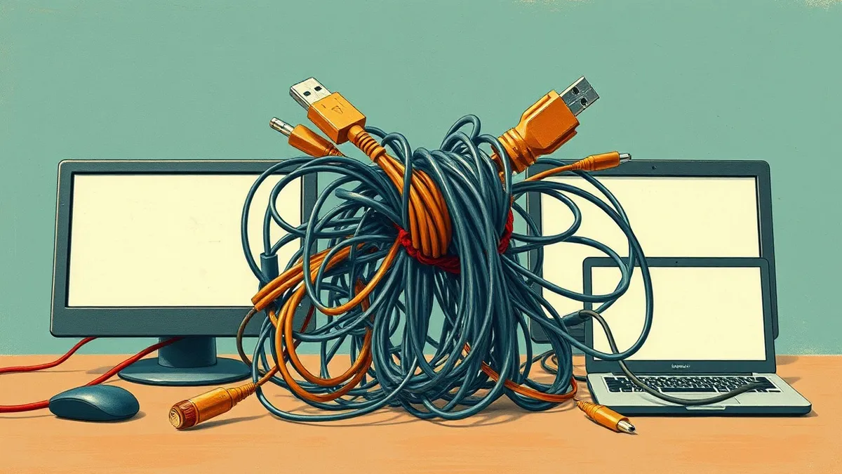 Illustration: A tangled nest of cables splits into separate, isolated bundles wrapped in thick rubber bands, keeping the wires physically apart and preventing any connection betwee