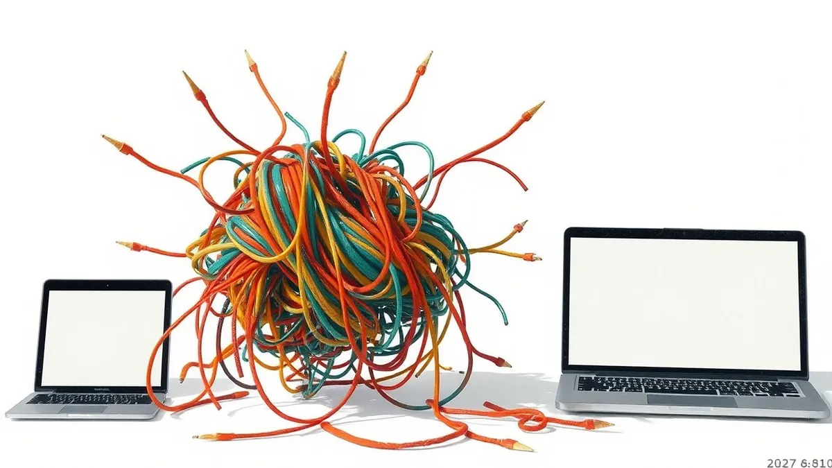 Illustration: A tangled knot of jagged, colorful strings sits on a clean white surface.