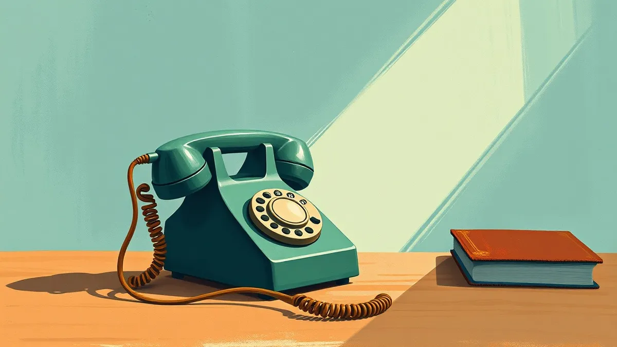 Illustration: A single vintage analog rotary telephone sits on a bare wooden desk, its cord coiled in an intricate knot.