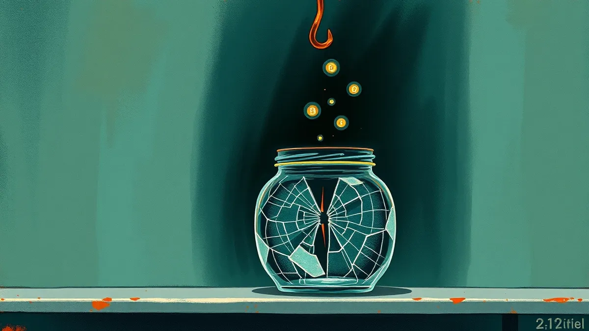 Illustration: A cracked glass container sits on a steel shelf, its lid popped open by a thin wire hook.