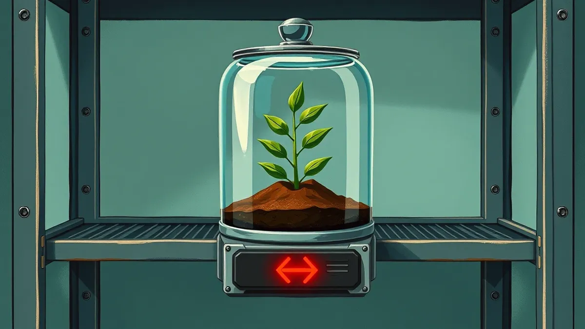 Illustration: A translucent glass terrarium sits on a metal server shelf, enclosing a single green plant.