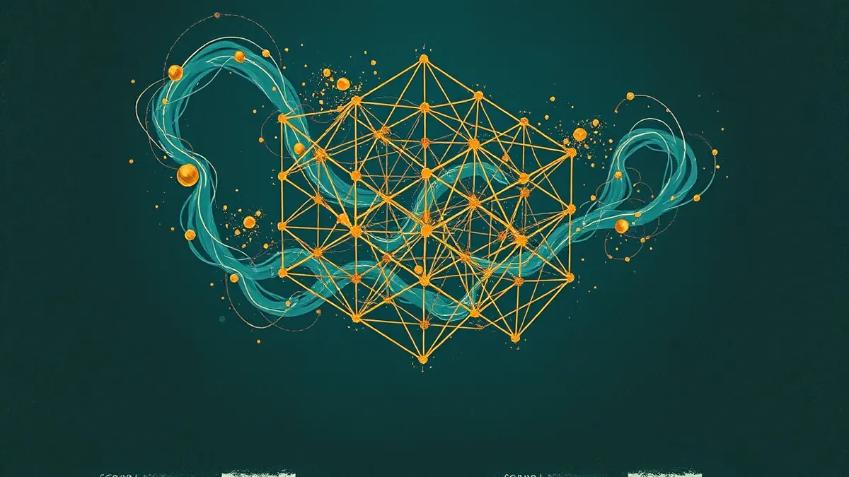 Illustration: A complex three-dimensional lattice of interconnected lines floats in a dark void, its geometric structure remaining intact despite swirling abstract waves of energy