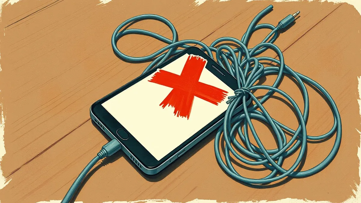 Illustration: A smartphone rests on a wooden table, its screen displaying a blank notification with a large, jagged red X overlaid across the interface.