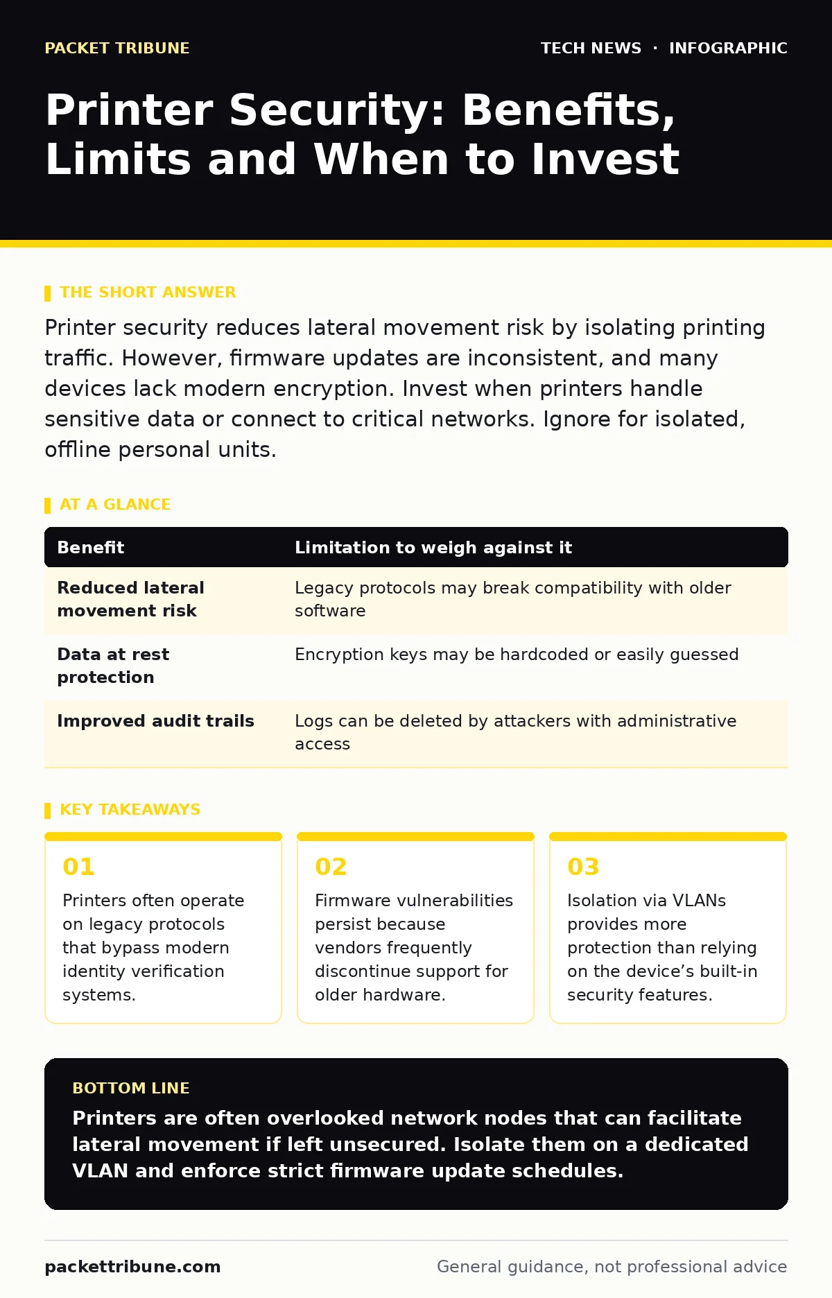 Infographic: Printer Security: Benefits, Limits and When to Invest. Printers often operate on legacy protocols that bypass modern identity verification systems. Firmware vulnerabilities persist because vendors frequently discontinue support for older hardware. Isolation via VLANs provides more prote