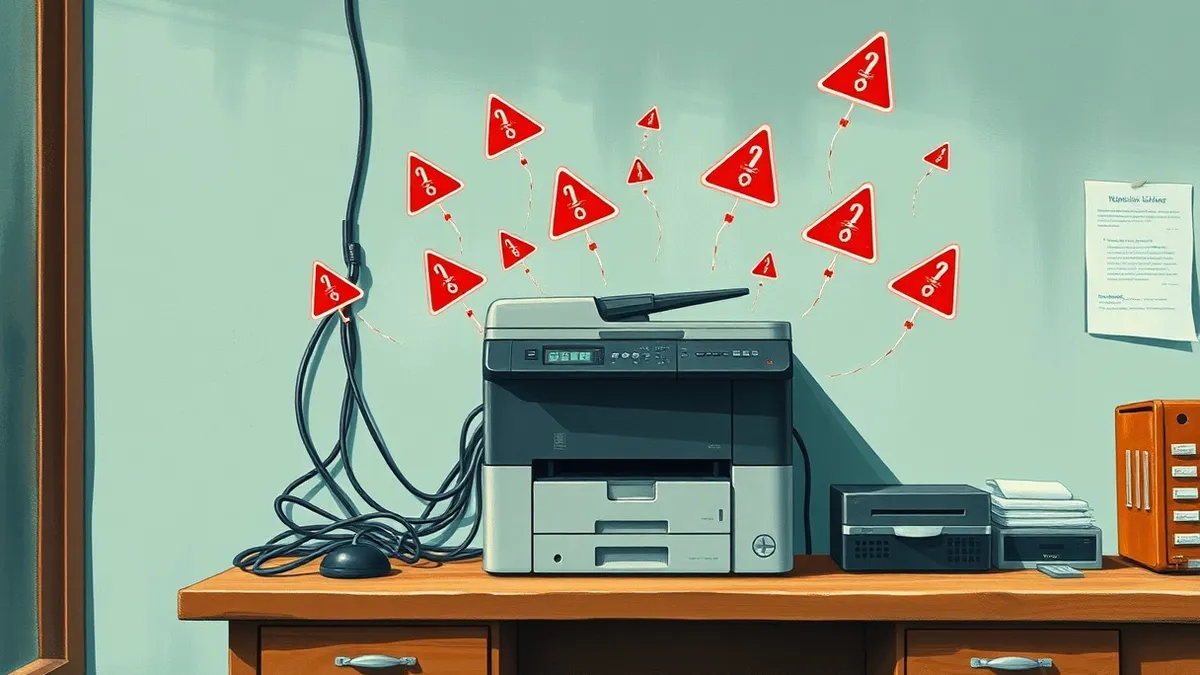 Illustration: A sleek office printer sits on a wooden desk, connected by a tangled web of cables to the wall.