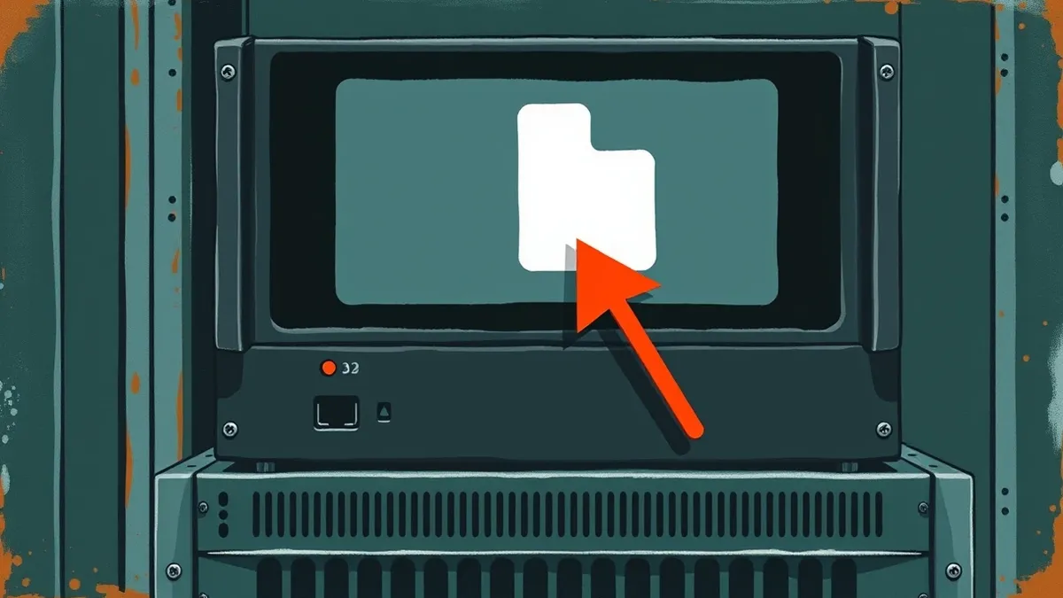 Illustration: A dark, isolated server unit sits on a metal rack, its front panel featuring blank indicator lights and an empty USB port.