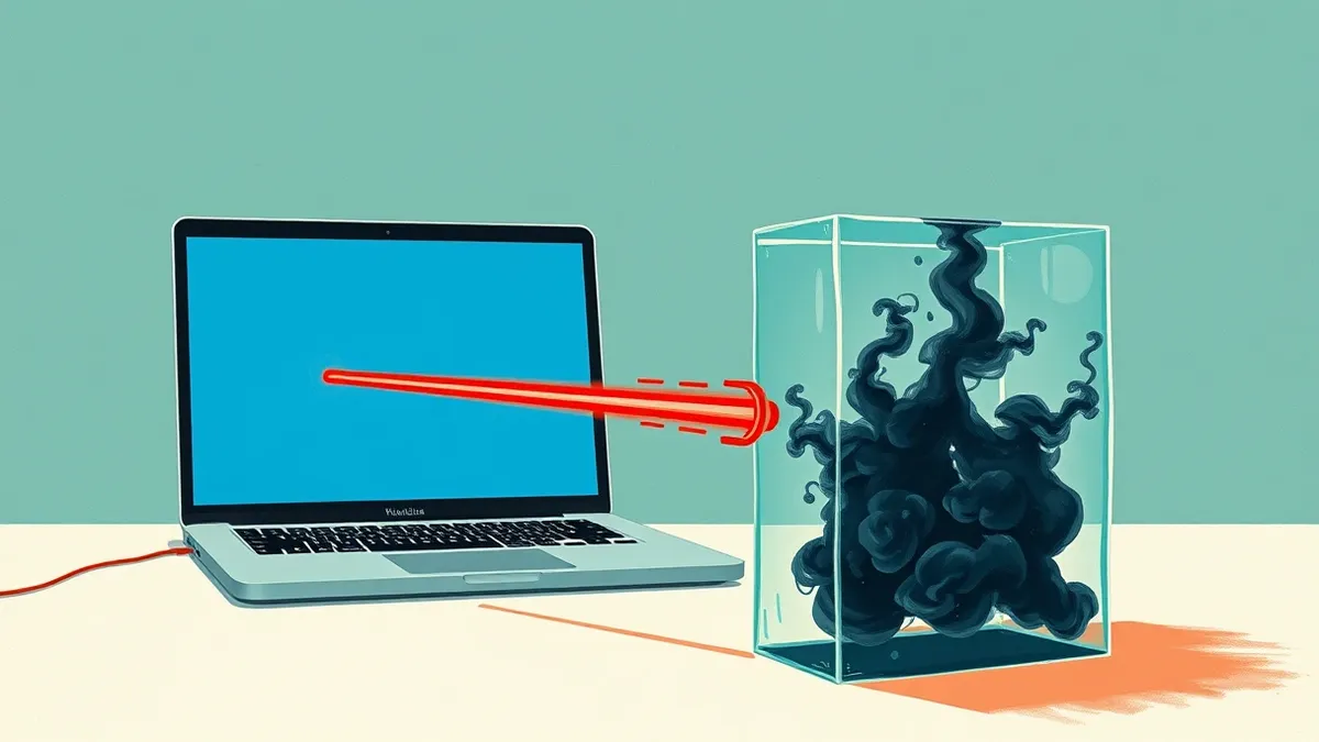 Illustration: A sleek laptop sits on a clean white desk, its screen displaying a simple blue browser window.
