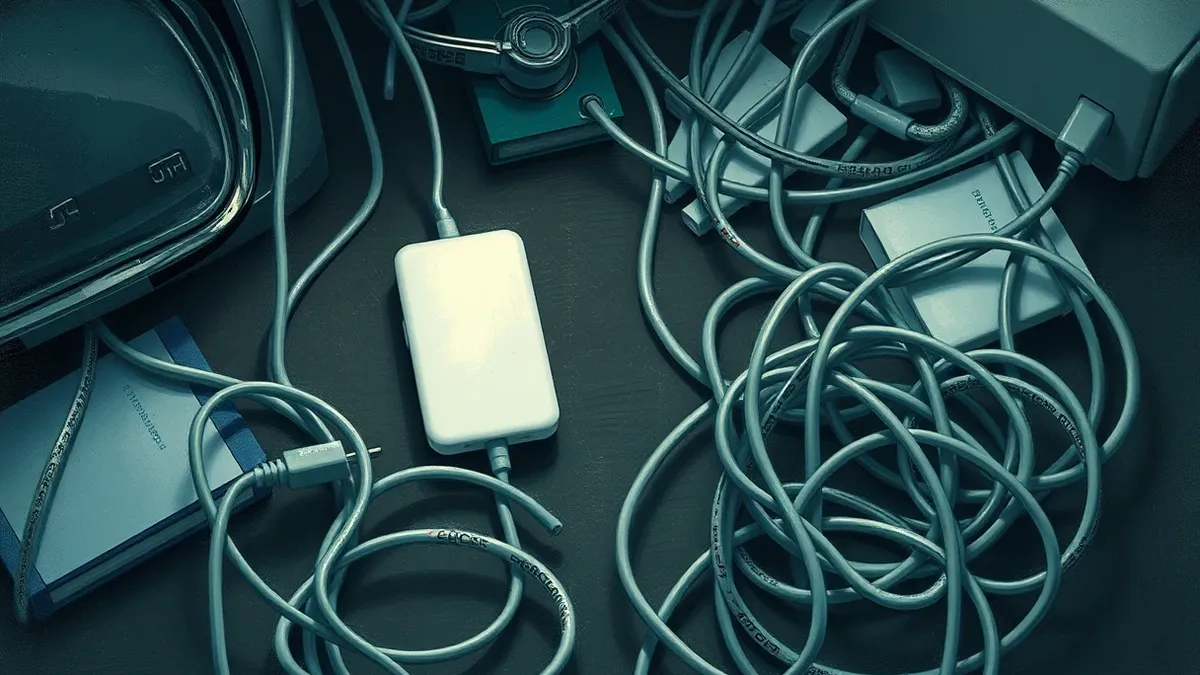 Illustration: A single blank white key sits centrally on a dark, cluttered office desk beside a tangled mass of grey charging cables.