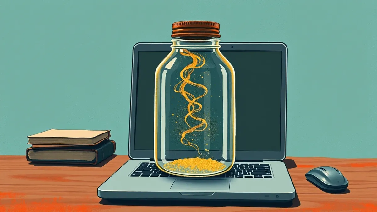 Illustration: A transparent glass jar sits on a wooden desk, capturing faint golden wisps rising from a blank laptop keyboard.