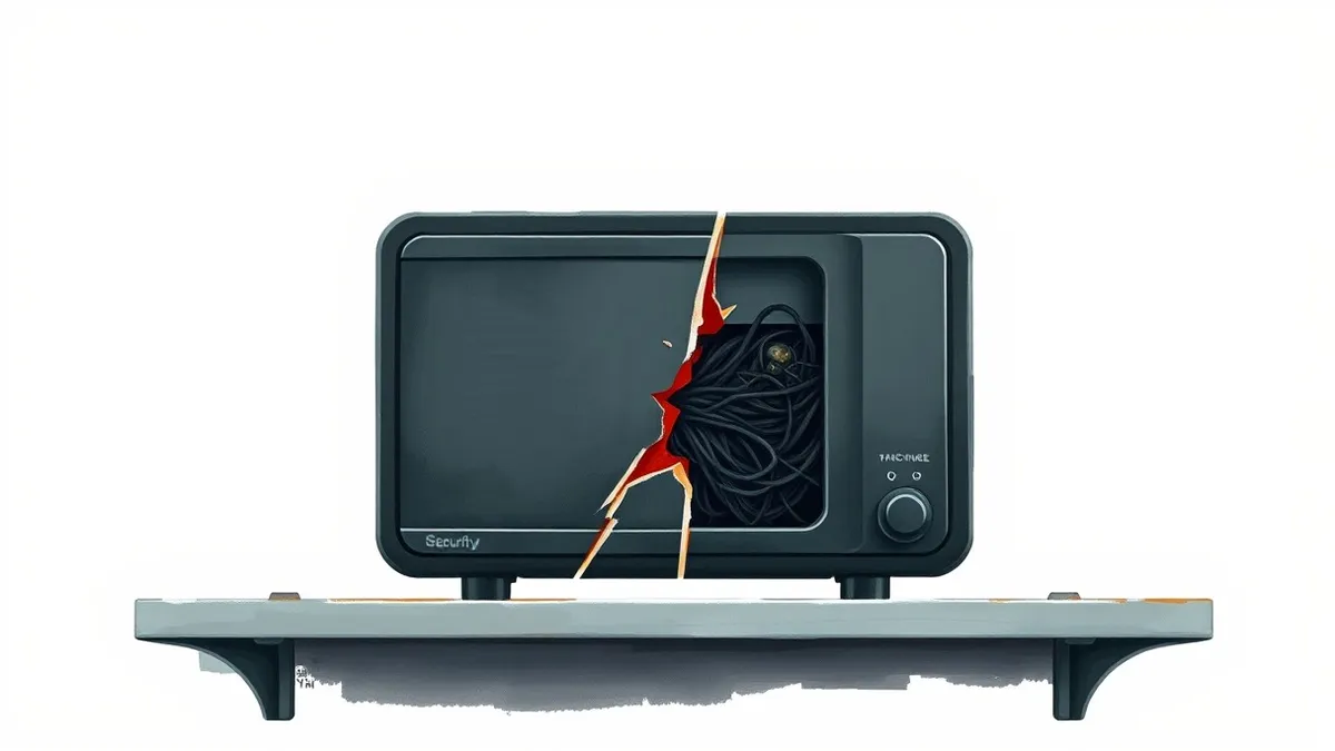 Illustration: A sleek, black security monitoring appliance sits on a metal shelf with its front panel facing forward.