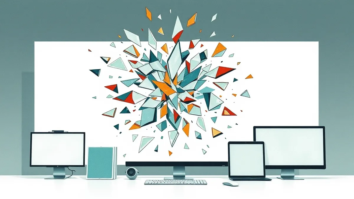Illustration: A tangled web of sharp, jagged glass shards pierces through the center of a clean, white digital interface.