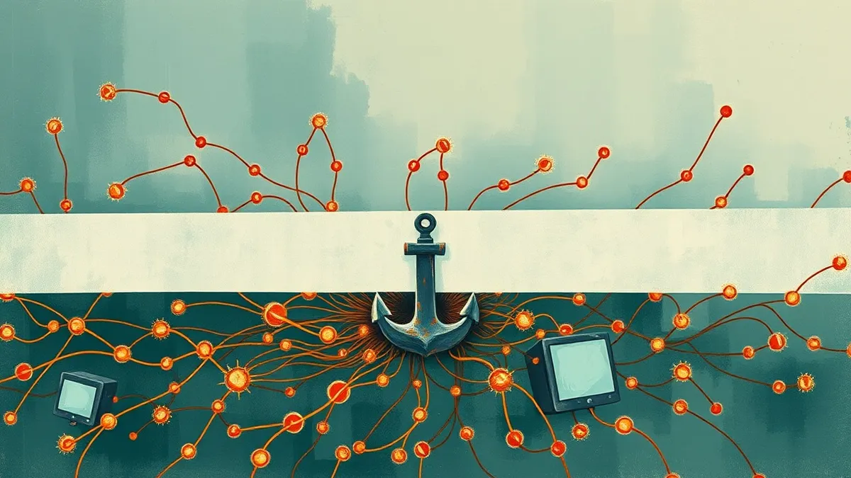 Illustration: A tangled web of glowing threads connects to a central digital anchor.