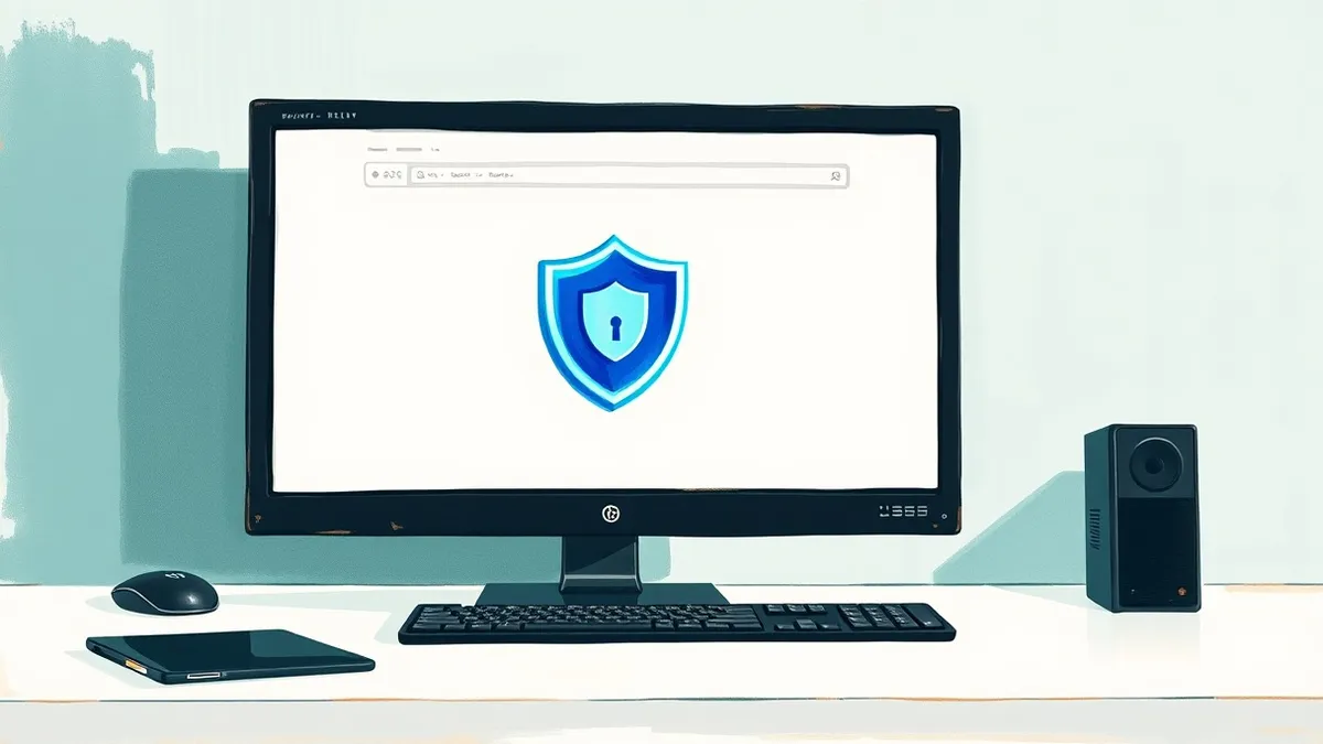 Illustration: A sleek black computer keyboard sits on a clean white desk beside a blank monitor displaying a single, glowing blue shield icon.