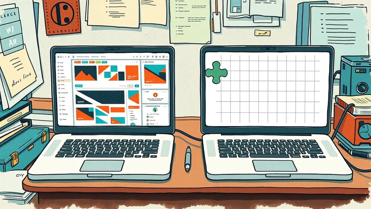 Illustration: A cluttered desk holds two identical laptops side by side.