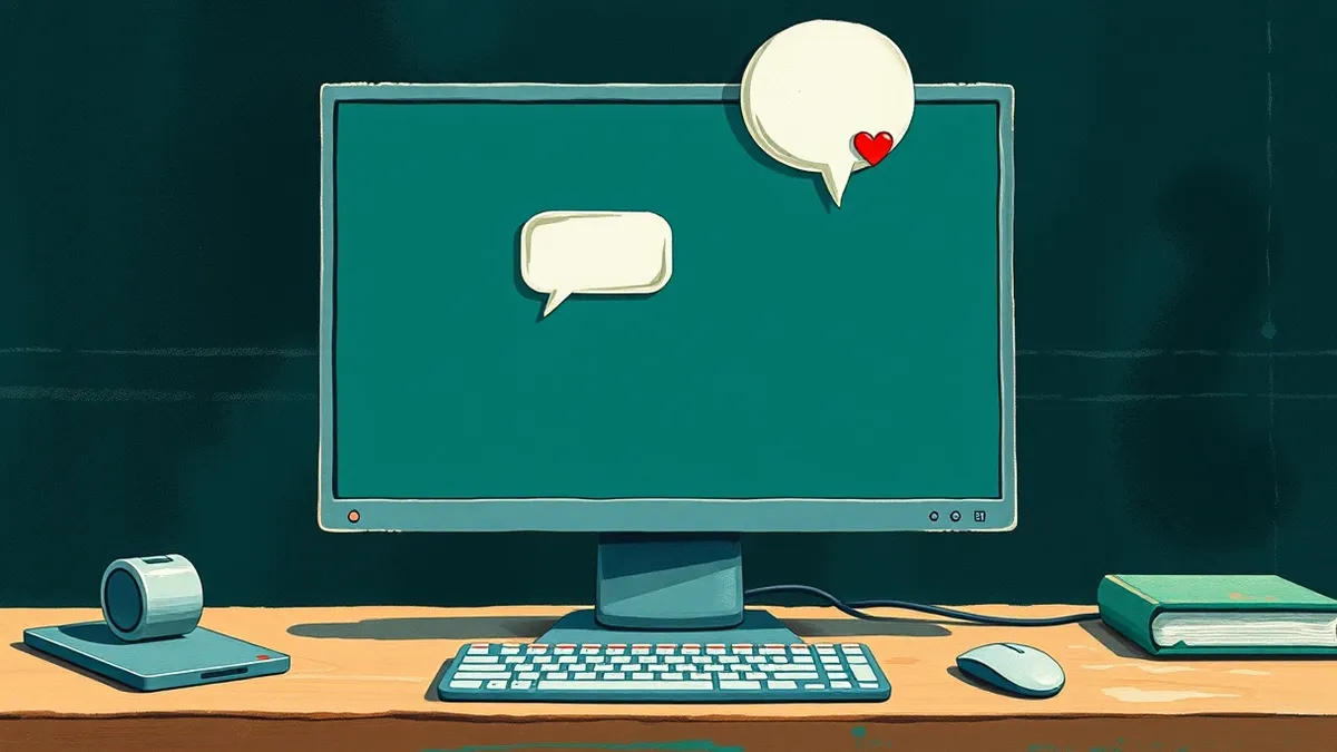 Illustration: A blank computer screen displays a chat interface with overlapping message bubbles.