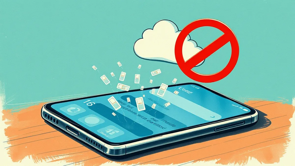 Illustration: A sleek smartphone displays a blurred messaging app interface with small, translucent data packets escaping from the screen.