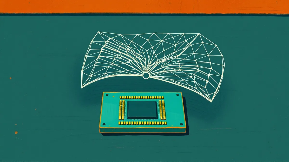 Illustration: A bare computer processor sits on a dark, smooth workbench.
