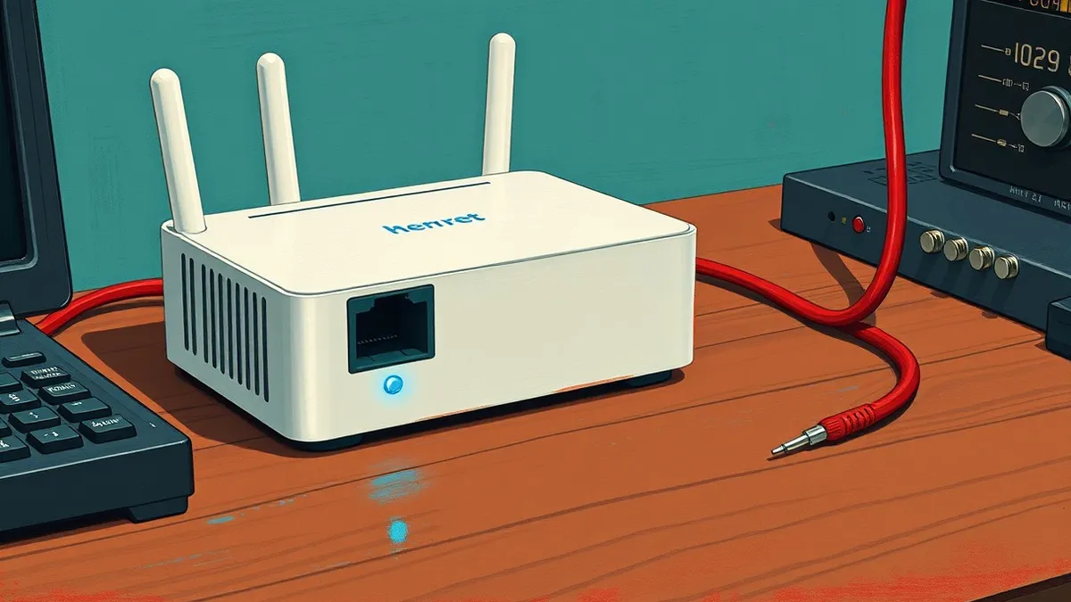 Illustration: A small white network router sits on a wooden desk, its single blue status light glowing steadily.
