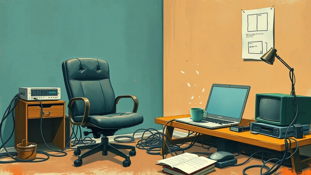 Illustration: A solitary, empty office chair sits beside a cluttered desk piled with tangled ethernet cables and a dormant laptop.