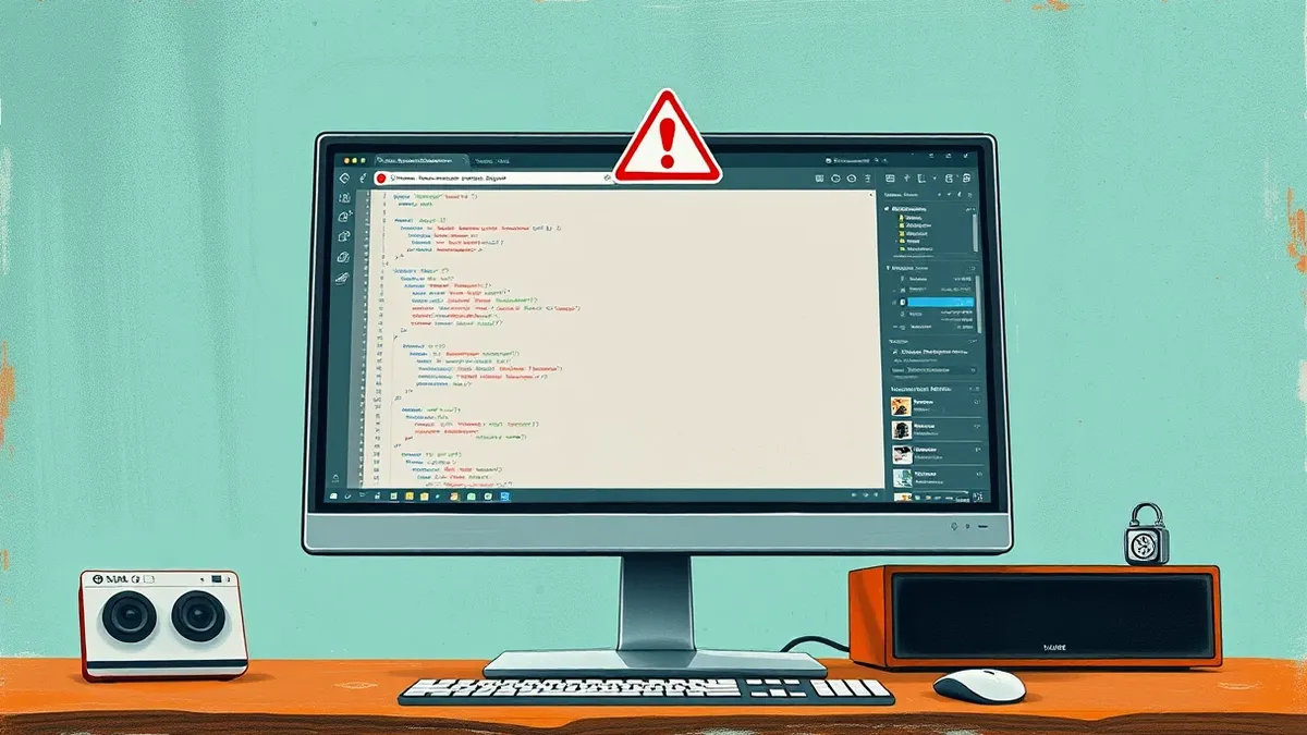 Illustration: A sleek desktop monitor displays a blank web browser window with a generic code editor interface.