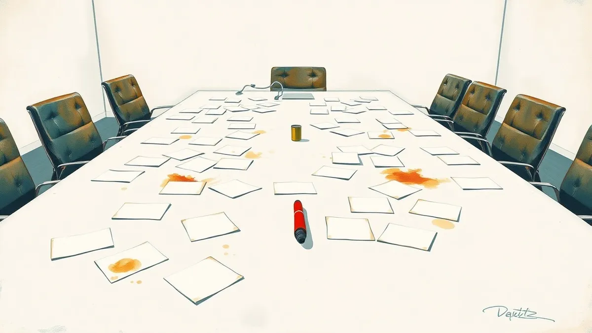 Illustration: A stark white conference table holds scattered index cards and a single red marker.