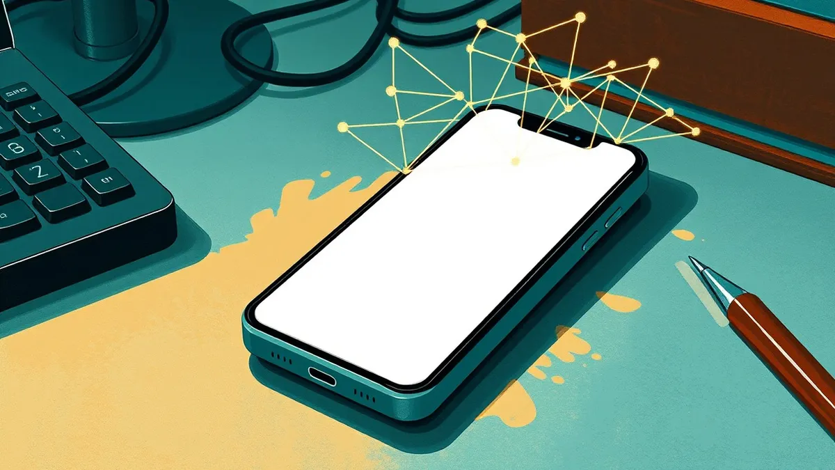 Illustration: A smartphone rests on a desk, displaying a blank interface with faint, abstract geometric trails mapping finger movements across the glass.