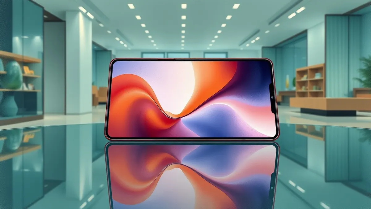 Illustration: A sleek foldable smartphone rests open on a polished glass table inside a minimalist retail space.