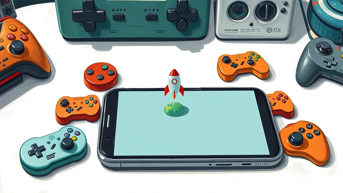 Illustration: A sleek smartphone rests on a clean white surface, its blank screen reflecting the soft glow of a stylized rocket ship hovering above a miniature planet.
