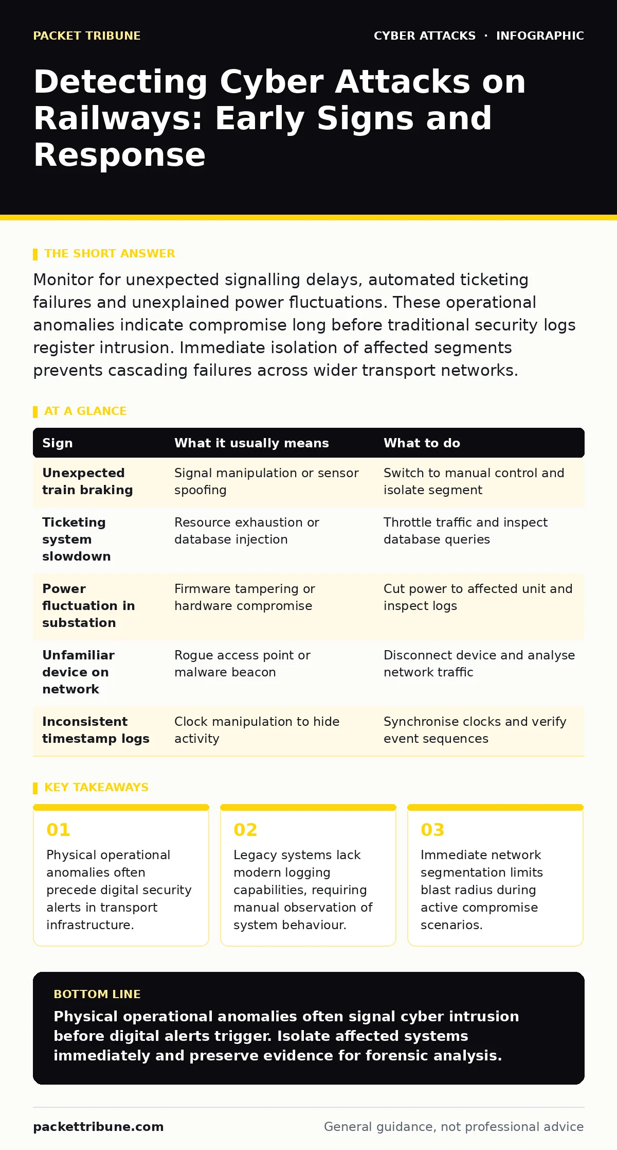 Infographic: Detecting Cyber Attacks on Railways: Early Signs and Response. Physical operational anomalies often precede digital security alerts in transport infrastructure. Legacy systems lack modern logging capabilities, requiring manual observation of system behaviour. Immediate network segmentat