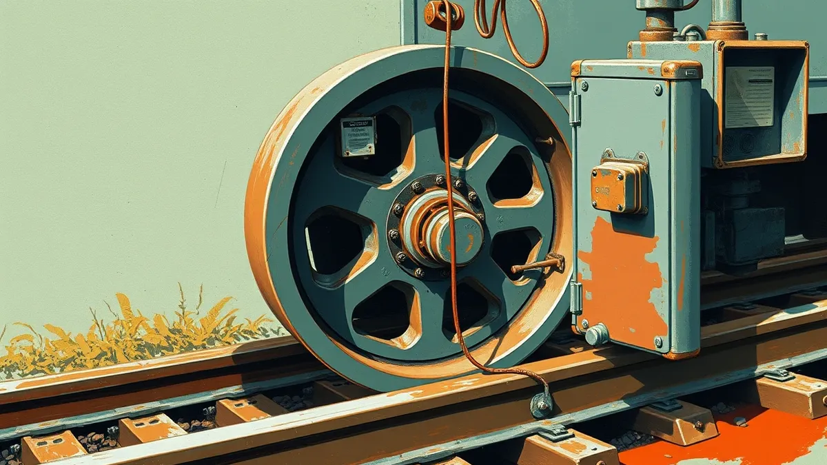 Illustration: A heavy steel train wheel rests on a rusted track, with a single severed copper wire hanging loosely from a signal box nearby.
