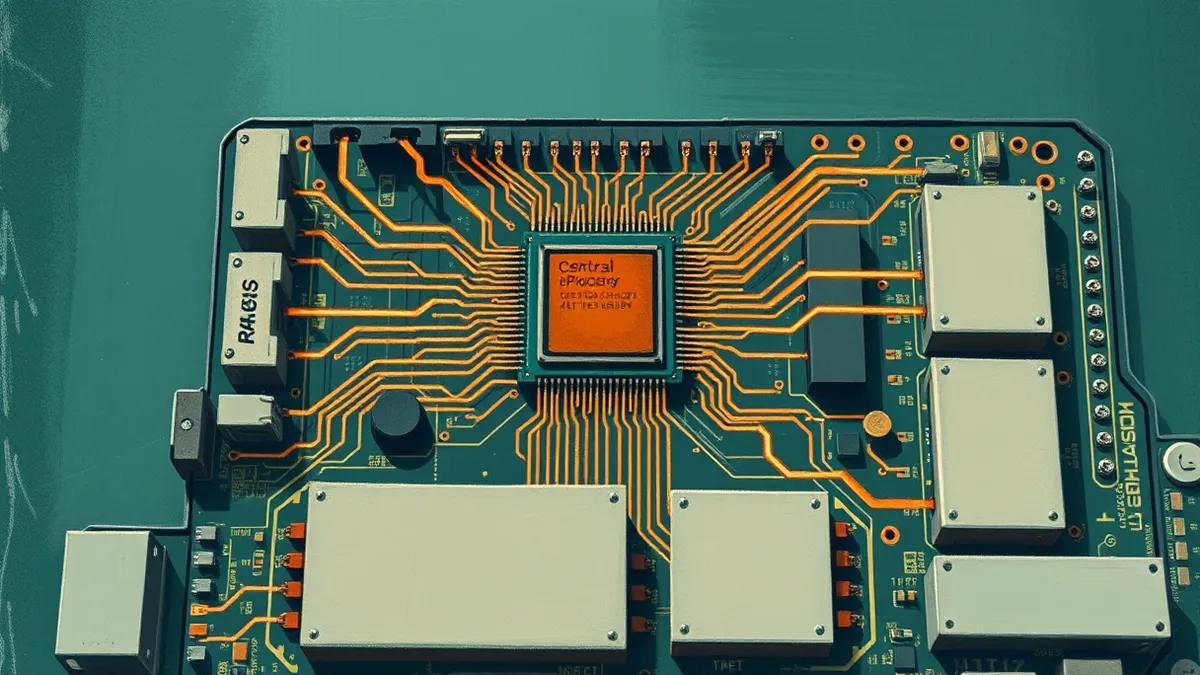 Illustration: A disassembled desktop motherboard reveals a central processor chip connected to blank memory modules by thin, glowing data traces.