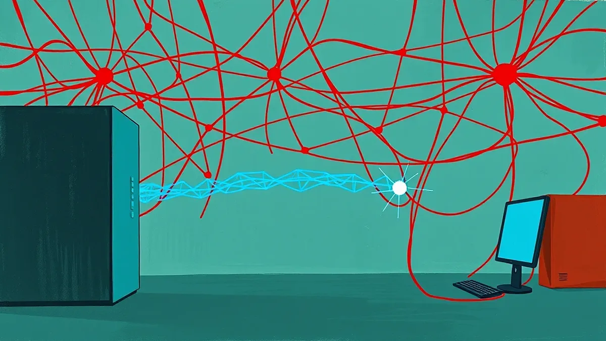 Illustration: A tangled web of thin red threads connects a blank server box to a distant target.