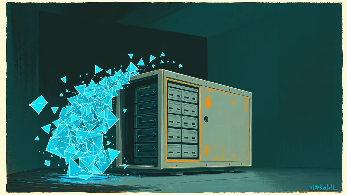Illustration: A sleek database server sits in a dark room with its metallic casing cracked open.