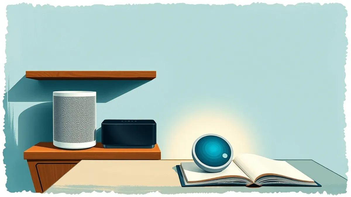 Illustration: A sleek white cylindrical speaker sits on a wooden shelf beside a thin rectangular black media box.