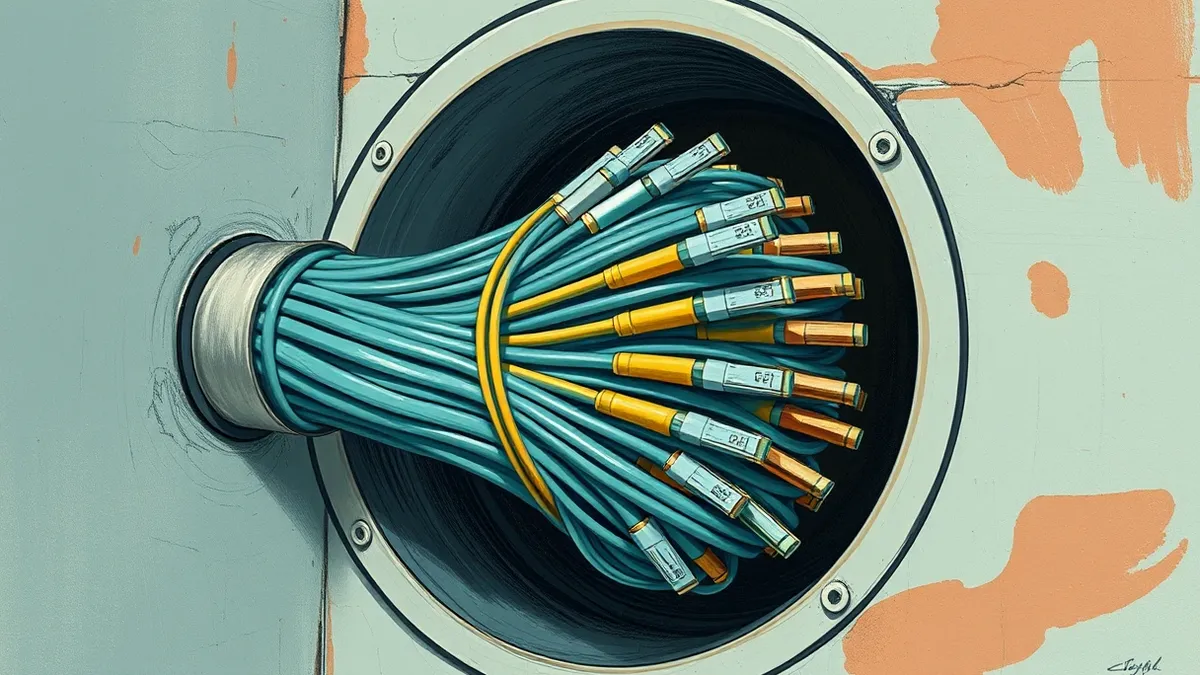 Illustration: A thick bundle of fiber optic cables sits crammed into a narrow wall conduit, bulging against the tight plastic housing.