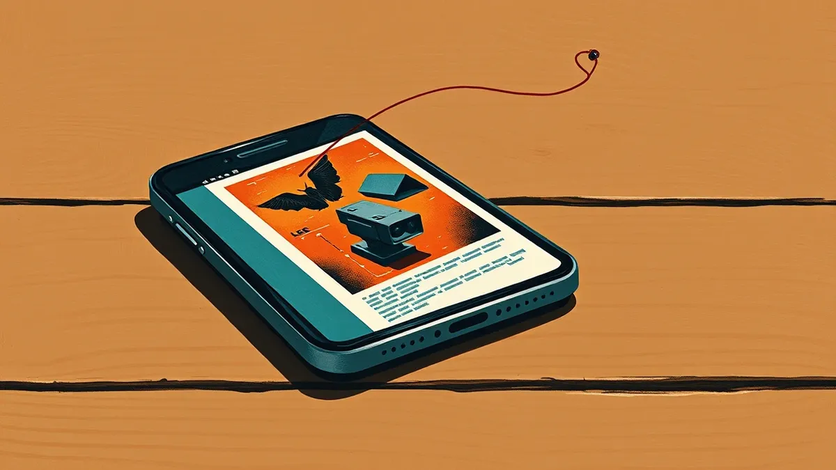 Illustration: A smartphone lies on a wooden table with its screen displaying a colorful mobile advertisement.