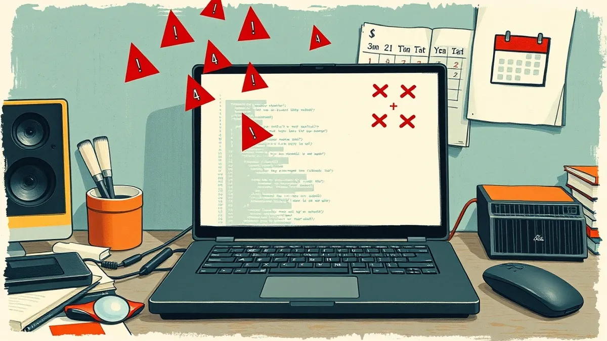 Illustration: A sleek black laptop sits on a cluttered desk with its screen displaying a blank code editor window.