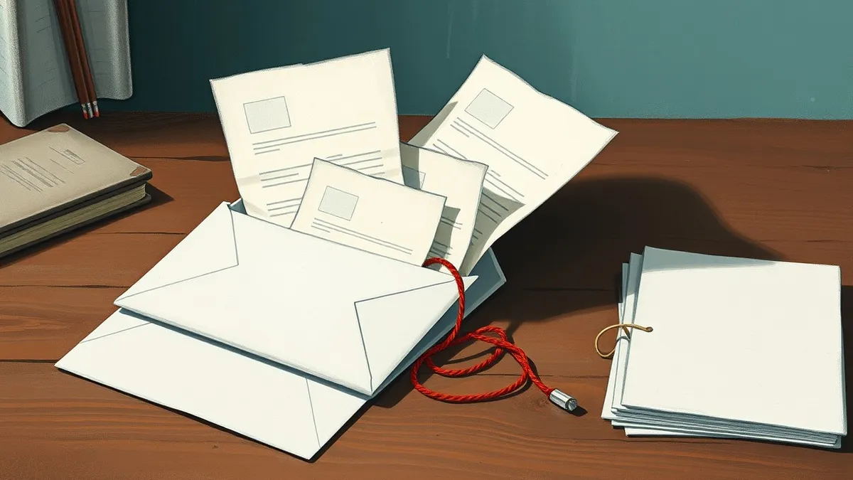 Illustration: A white envelope sits on a dark wooden desk, bursting with loose papers that spill out.