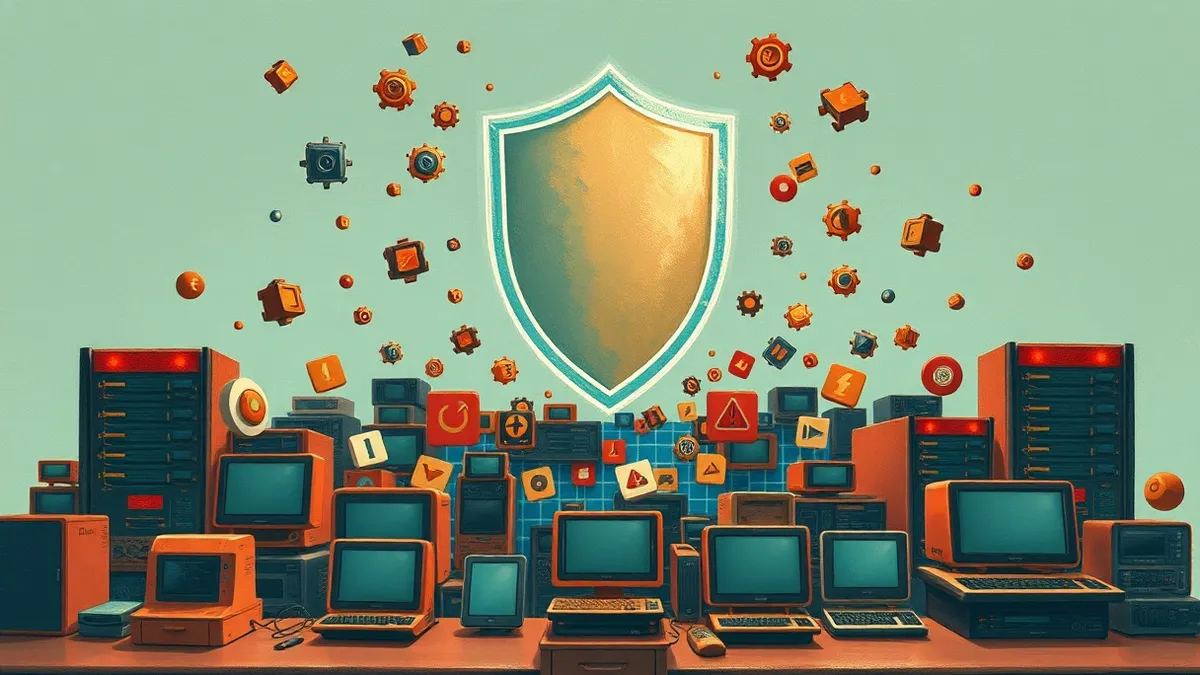 Illustration: A translucent digital shield hovers over a chaotic cluster of floating server icons.