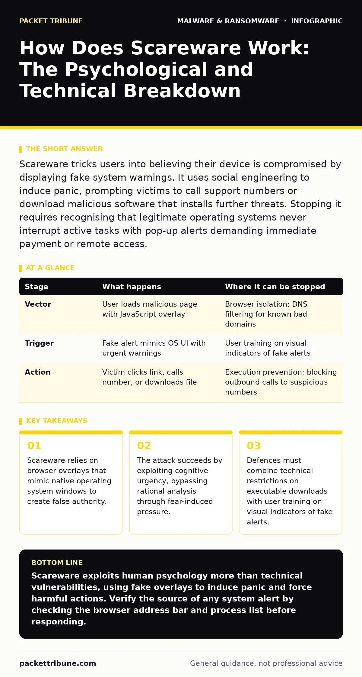 Infographic: How Does Scareware Work: The Psychological and Technical Breakdown. Scareware relies on browser overlays that mimic native operating system windows to create false authority. The attack succeeds by exploiting cognitive urgency, bypassing rational analysis through fear-induced pressure.