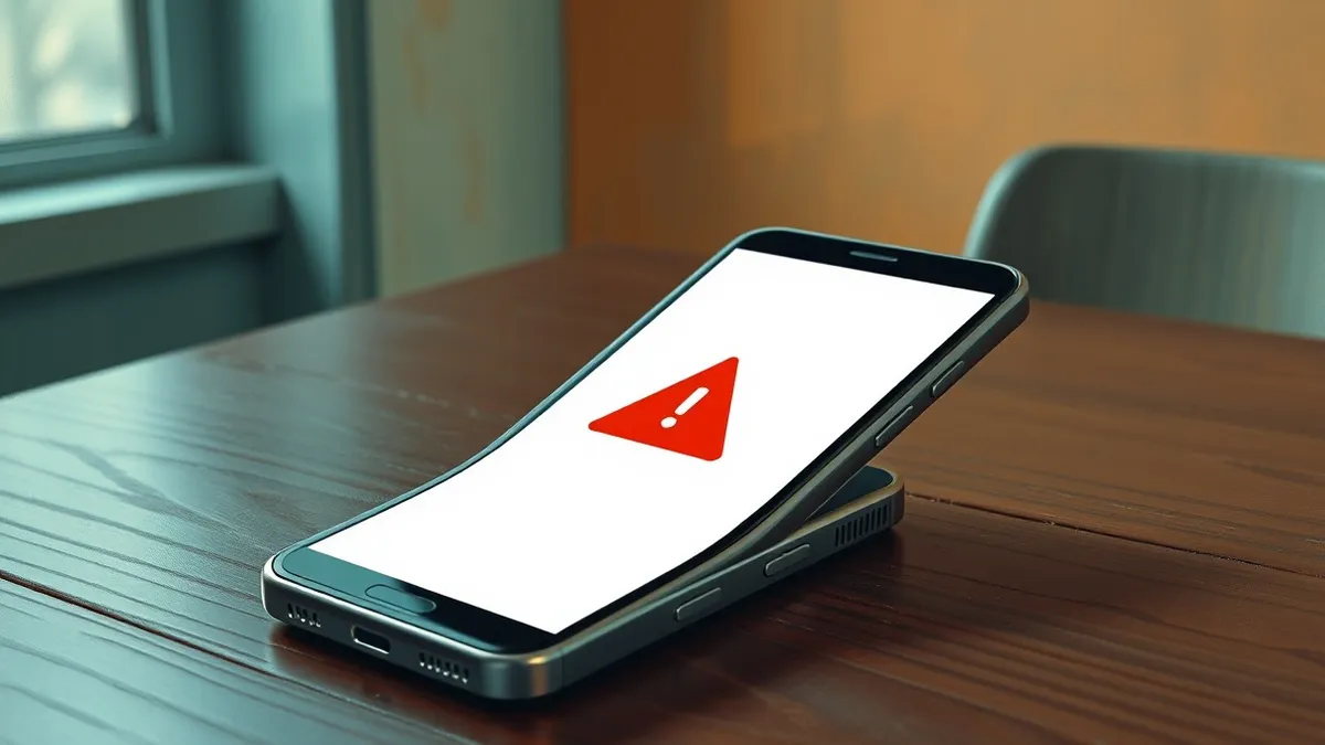 Illustration: A smartphone rests on a dark wooden table, its screen displaying a stark white interface with a large red warning triangle in the center.